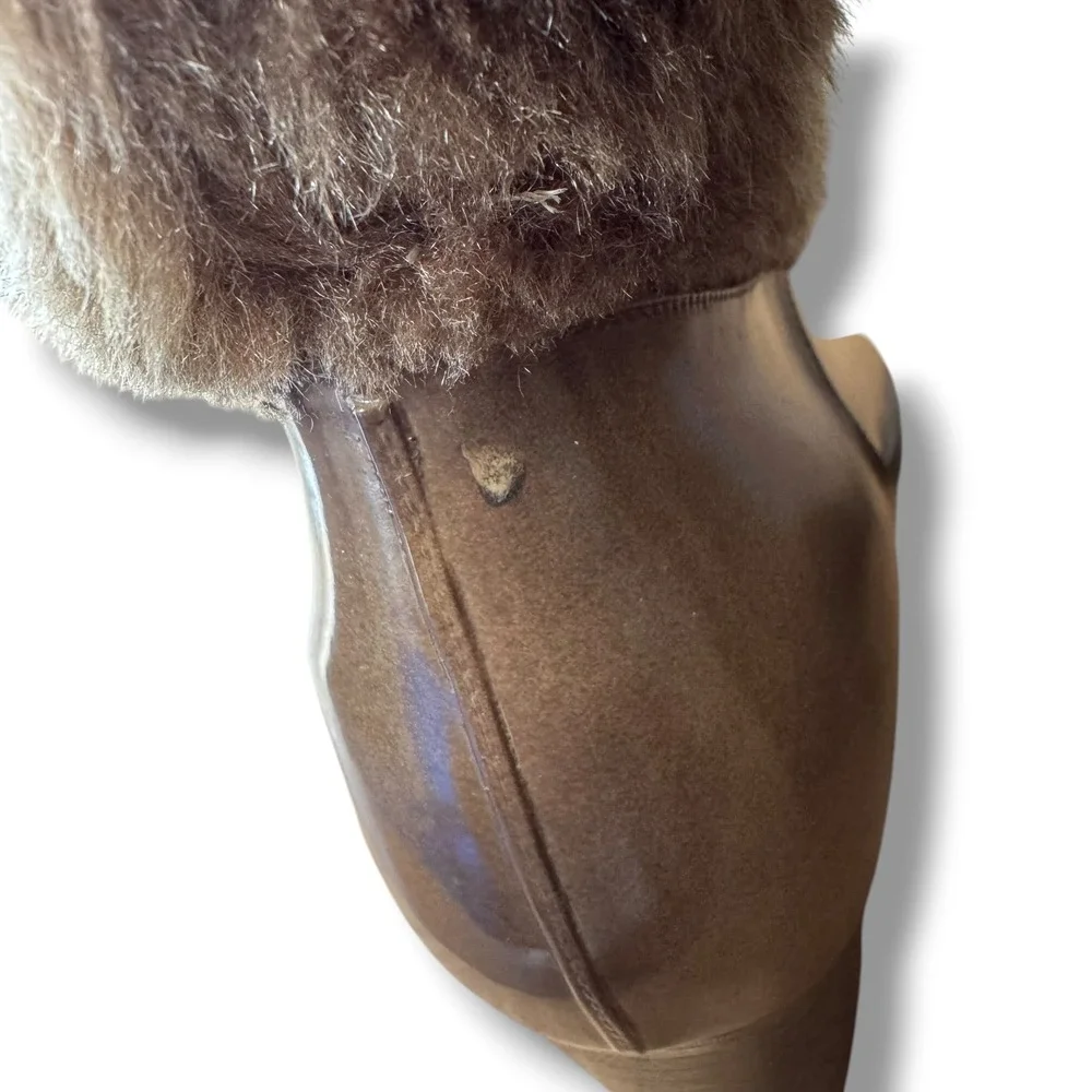 Vintage Brown Faux Fur Trim Rain Boots Womens Size 9 Block Heel Made in USA